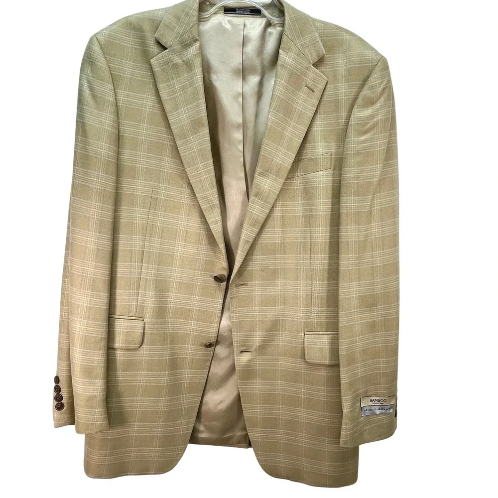 New Arnold Brant Bamboo Two Button Jacket Blazer Mens Beige Plaid Sz 42L $495new